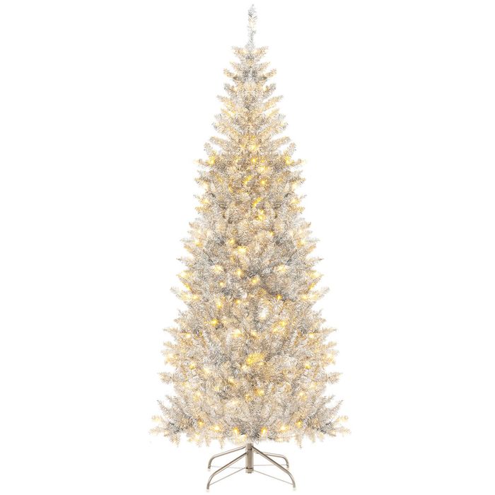 Costway 1.8M Silver Christmas Tree Tinsel Leaves Slim Xmas Tree Folding Metal Stand