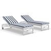 Kansas Outdoor Aluminium Sun Lounge Set on Wheels White With Hugo Side Table & Navy Stripe Cushions