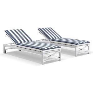 Kansas Outdoor Aluminium Sun Lounge Set on Wheels White With Hugo Side Table & Navy Stripe Cushions