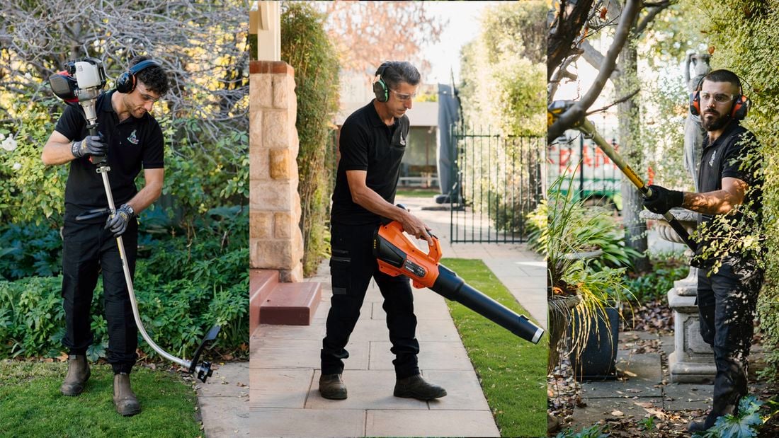 A shot of three members of the Frank The Lawn Mower Man using power garden tools