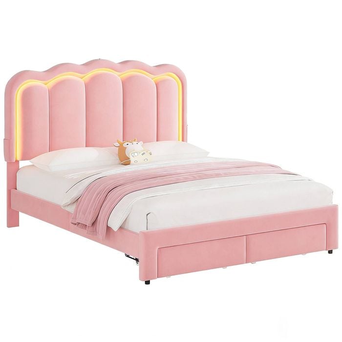 Advwin Double Bed Frame with 2 Drawers and LED Light Charging Station Velvet Upholstered Adjustable Headboard Pink