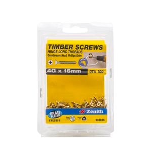 Zenith 4G x 16mm Brass Plated Hinge-Long Thread Countersunk Head Timber Screws - 100 Pack