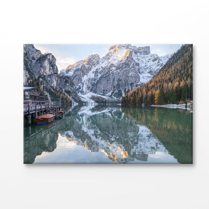 Mountains Reflecting In The Braies Lake Print 100% Australian Made 75x50cm (Stretched Canvas)