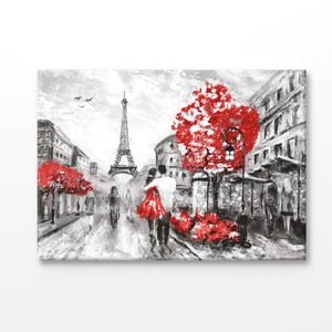 B&W Eiffel Tower, Red Trees & Couple Print 100% Australian Made 180x120cm (Stretched Canvas)