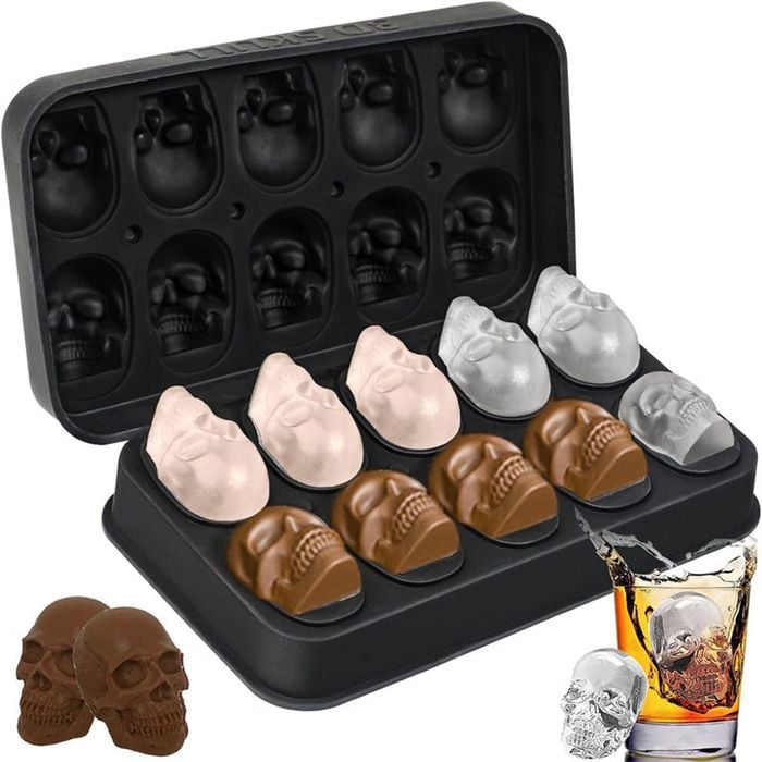 Catzon Skull Ice Cube Mold 3D 10-Cavity with Lid Reusable for Whiskey