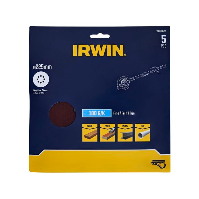 IRWIN 225mm 180 Grit 8 Holes Quick Fit Drywall Discs - 5 Pack