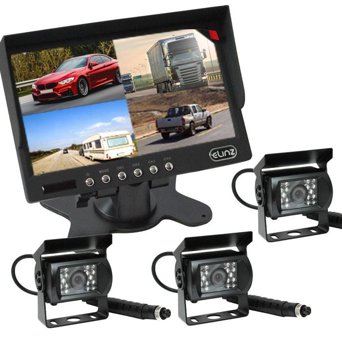 Elinz 7" Quad Monitor Splitscreen with 3 Cameras Package - 3 Camera Package