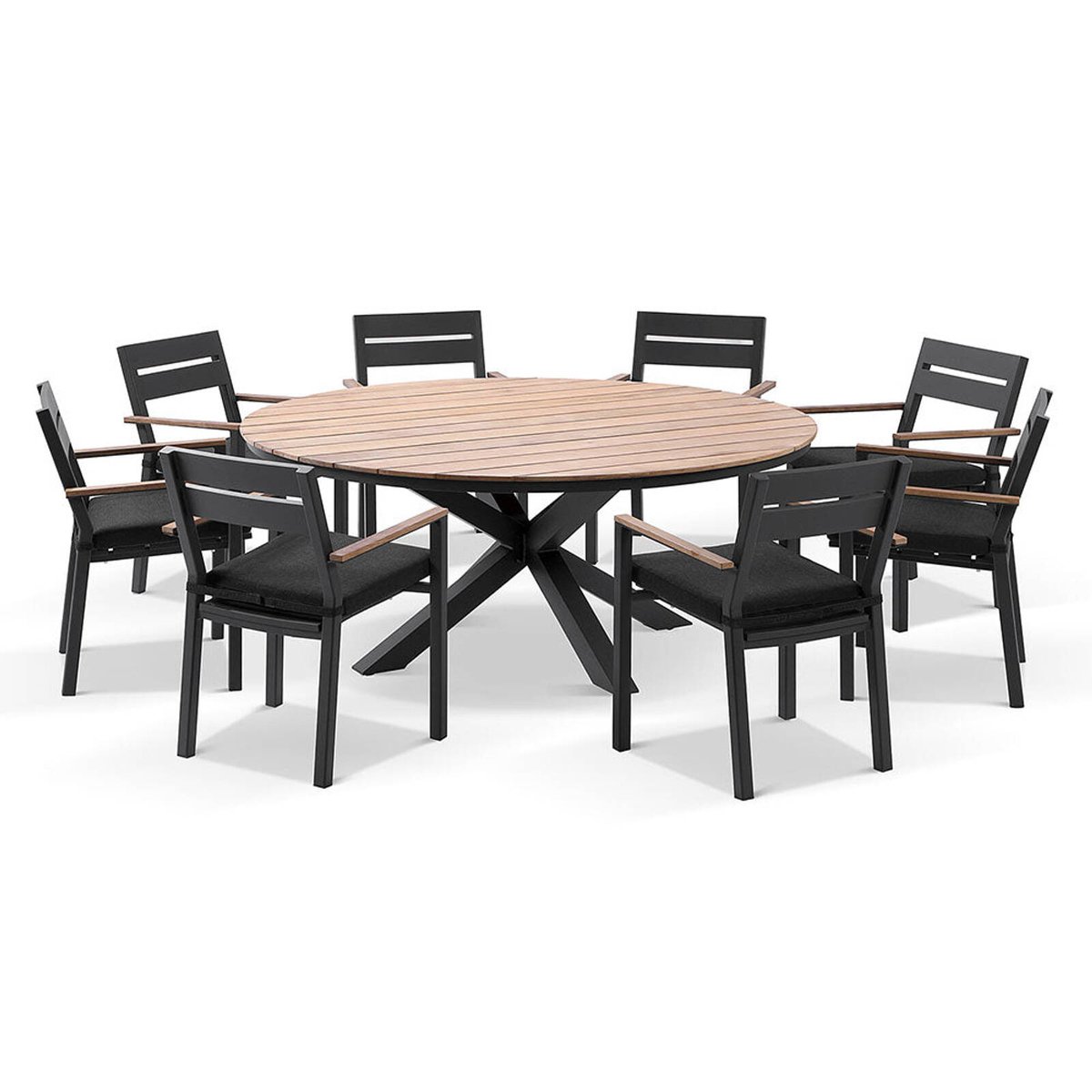 Tuscany Round 1.8m Outdoor Aluminium and Teak Dining Table with 8 Capri ...