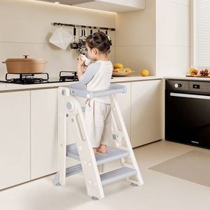 Advwin Foldable Kids Step Stool Adjustable Standing Tower Grey
