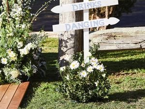 A nifty sign made from picket fence posts that reads 'dinner, photos, drinks, dancing'.