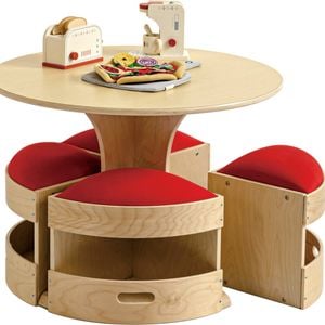 Jooyes Kids Round Wooden Table With Storage Stools Red - Set Of 5 - 76cm | Table | 55cm