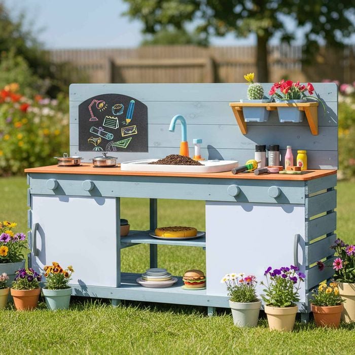 Costway Outdoor Kids Play Kitchen Wooden Pretend Mud Kitchen Blue