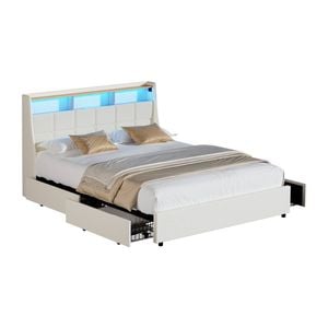 Oikiture Metal Bed Frame Queen Size LED Headboard with 2 Drawers Linen Beige