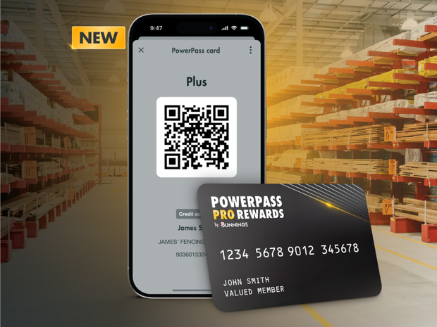 PowerPass Pro Rewards app and card on a store background