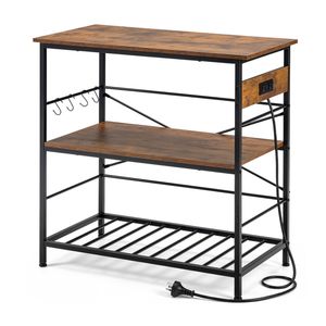 ZUNI 3-Tiers Storage Shelf w/AC&USB Entryway Hallway Table Multi-Purpose Shelf Brown