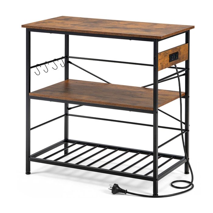 ZUNI 3-Tiers Storage Shelf w/AC&USB Entryway Hallway Table Multi-Purpose Shelf Brown