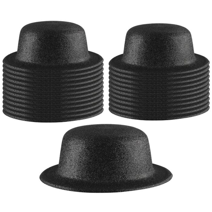 24x GLITTER BOWLER HAT Fancy Party Plastic Costume Cap Fun Dress Up Sparkle BULK Black