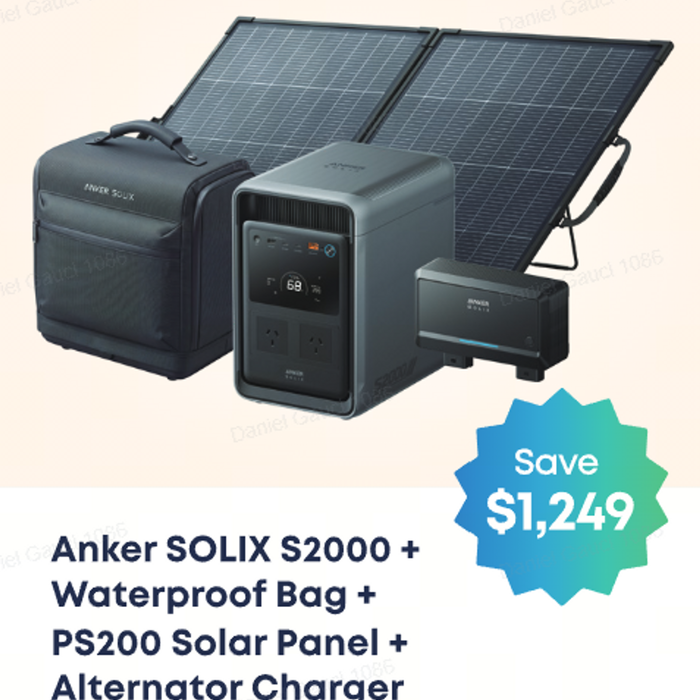Anker SOLIX S2000 with 800W Alternator Charger, S2000 Water resistant Bag and PS200 Bifacial Solar Panel
