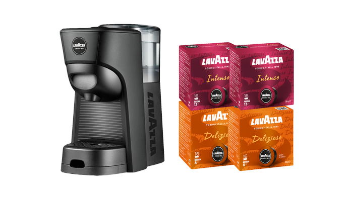 Lavazza A Modo Mio Tiny Black Coffee Machine & Capsules Bundle