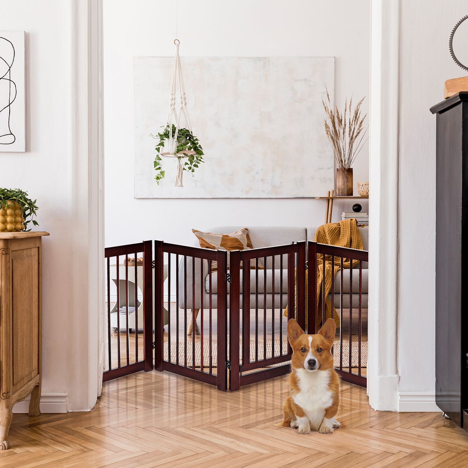 Costway 4 Panel Safety Fence Folding Puppy Gate Brown