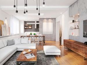 A lounge setting with wooden and light grey elements
