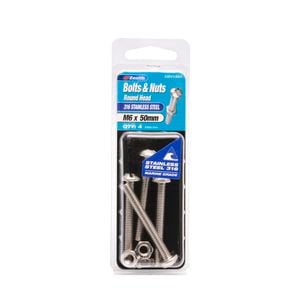 Zenith Bolt & Nut Round M 6x 50mm SS316 4pk