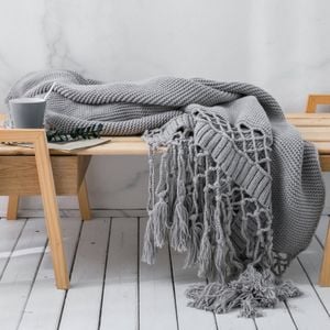 CottonMore Knitted Acrylic Blanket Bed Sofa Tassel Throw Rug Blanket 125x180cm - Smoke Grey
