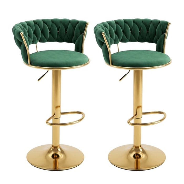HOMFURN Set of 2 Green Velvet Bar Stools with Woven Backrest