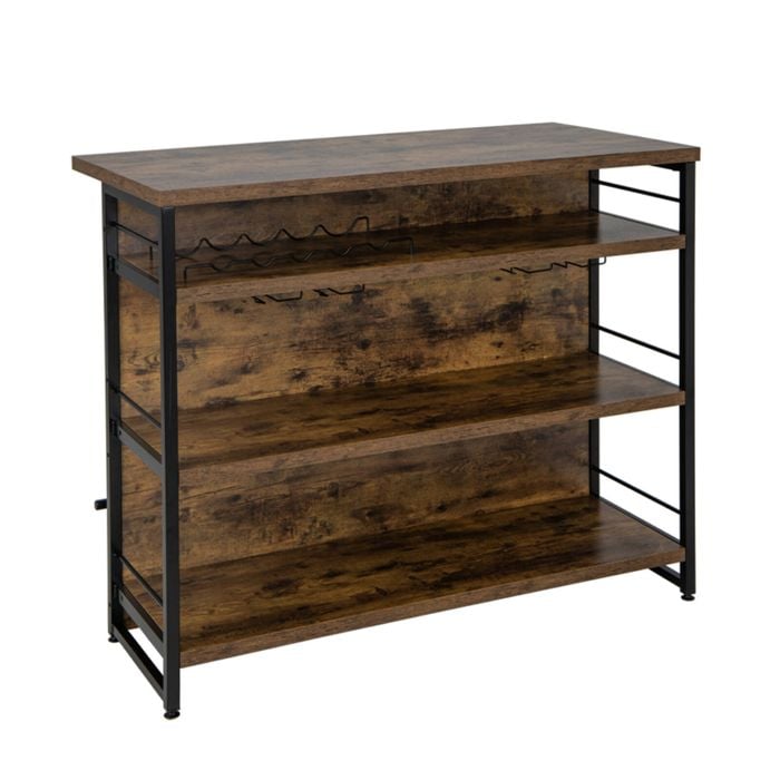 Costway 4-tier Bar Dining Table Kitchen Storage Shelves W/glass Holders & Wine Rack Brown