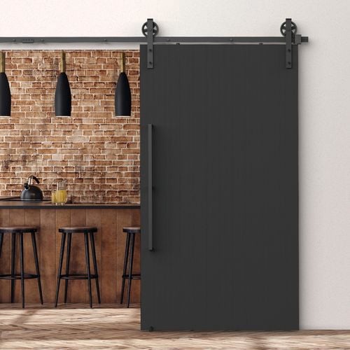 Kitchen interior featuring Rolltrak Matte Black Big Wheel Side Mount Barn Door Track, 1500mm Matte Black Square Single Pull Handle, Matte Black Barn Door Guide and Matte Black Track Joiner.