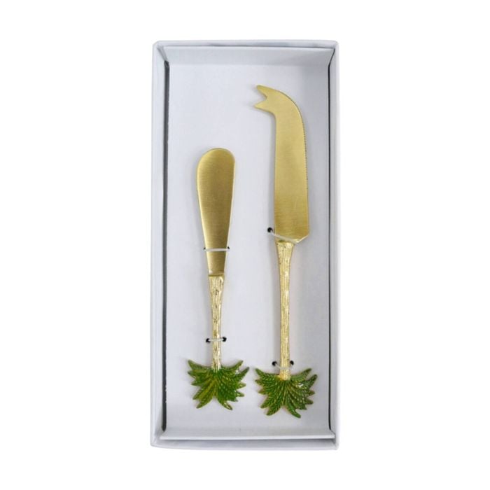 2pc Lvd Handcrafted Palm Tree Cheese Knife & Spreader Cutlery Set Gold/green