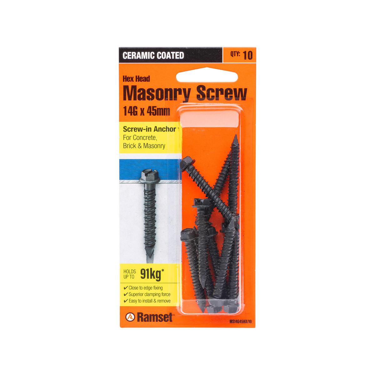 Ramset 14g x 45mm Black Hex Head Masonry Screw - 10 Pack - Bunnings New ...