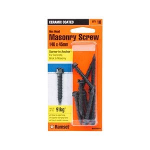 Ramset 14g x 45mm Black Hex Head Masonry Screw - 10 Pack