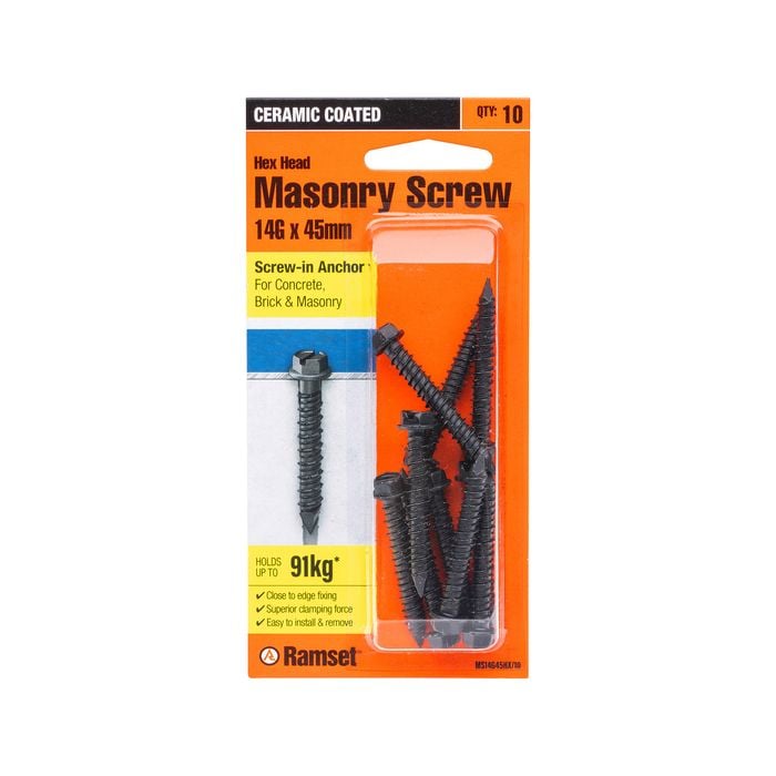 Ramset 14g x 45mm Black Hex Head Masonry Screw - 10 Pack
