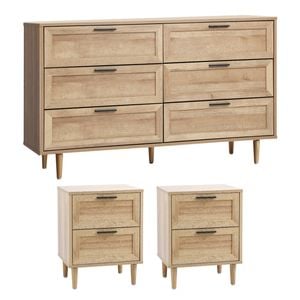 Oikiture 6 Chest of Drawers and 2 Bedside Tables Nightstand Bedroom Set Natural