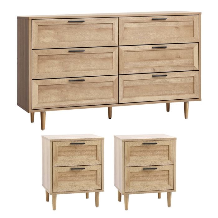 Oikiture 6 Chest of Drawers and 2 Bedside Tables Nightstand Bedroom Set Natural