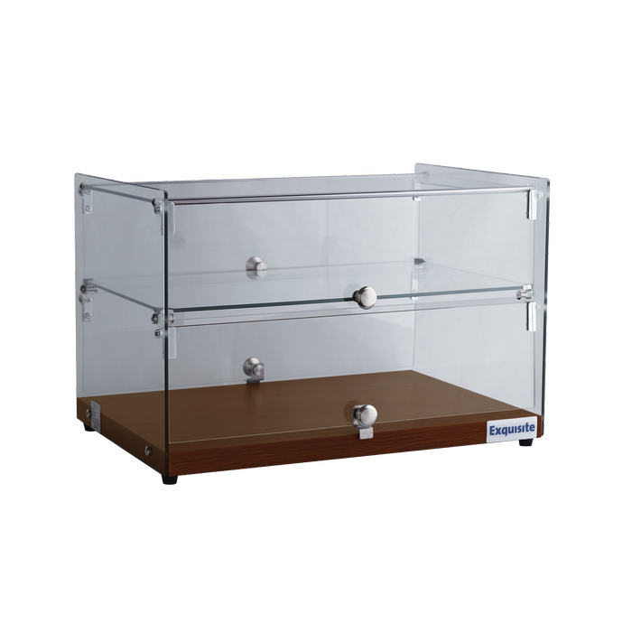 Exquisite Two Tiers Flat Glass Ambient Cake Display – Elegant Walnut Colour 50 Litre