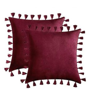 Catzon 2 Pcs Boho Velvet Throw Pillow Covers with Tassels for Couch Bed 50X50cm-Red
