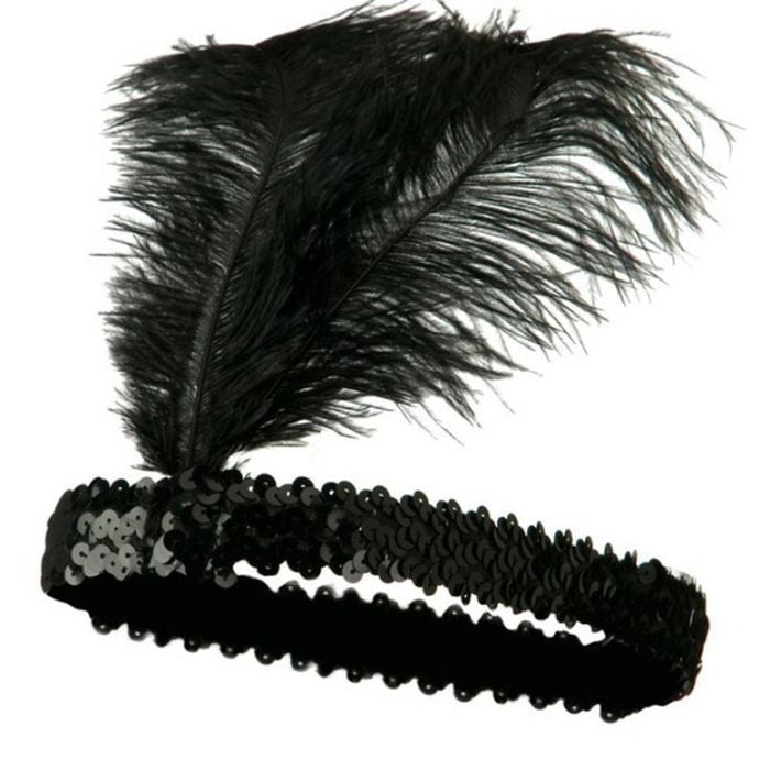 1920s FLAPPER HEADBAND Headpiece Feather Sequin Charleston Costume Gatsby Dance Black