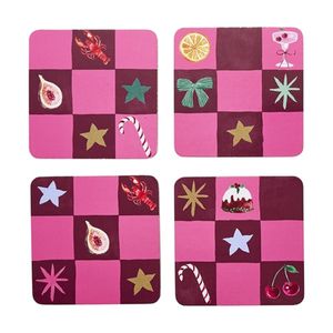 4pc Porto Tis The Season Set Coasters Festive Check Paper Serveware 10cm