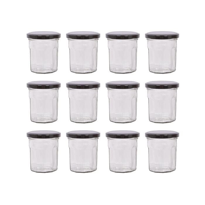 Argon Tableware 150ml Glass Jam Jars With Airtight Black Lids - Set Of 12 Empty Screw Top Kitchen Storage Preserving Jar