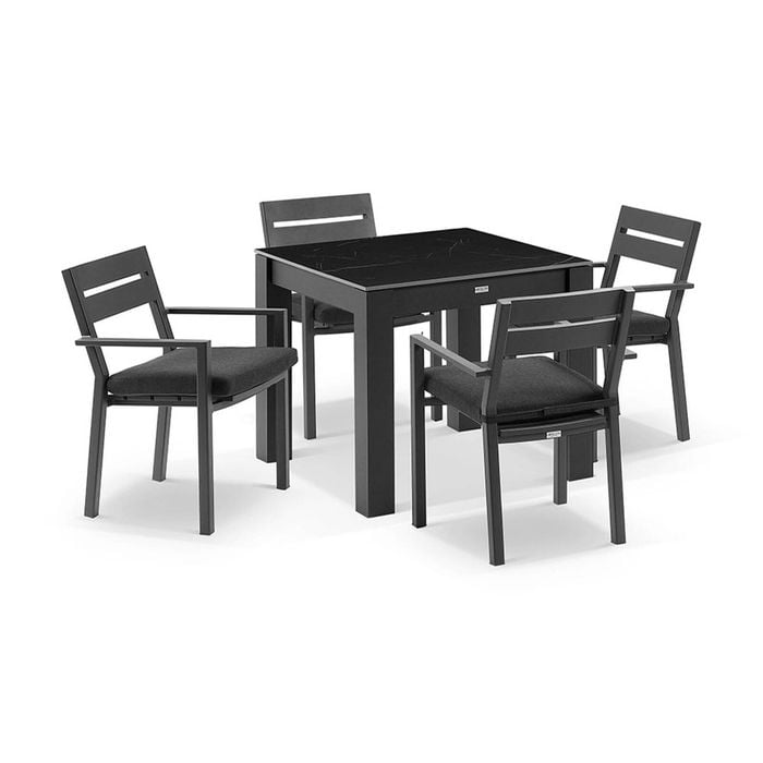 Hugo Outdoor 4 Seater Ceramic/aluminium Dining Table Charcoal With Santorini Chairs & Denim Grey Cushions