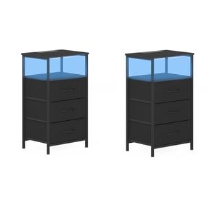 Ufurniture 2xnightstand With Led Light And Charging Station Industrial End Table 3 Fabric Drawers And Open Shelf Black