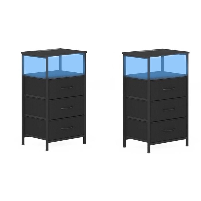 Ufurniture 2xnightstand With Led Light And Charging Station Industrial End Table 3 Fabric Drawers And Open Shelf Black