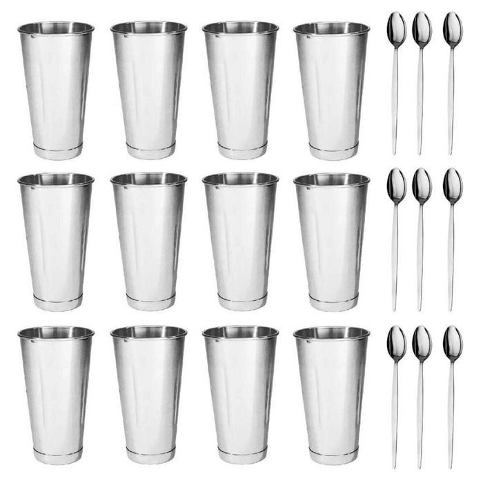 Trenton Stainless Steel Milkshake Cups 887ml and Soda Spoons Set of 12