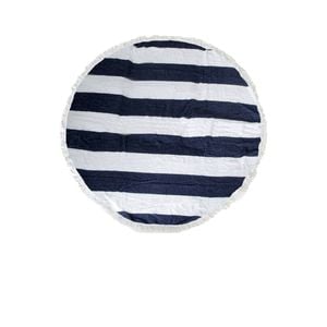 100% Cotton Round Beach Towel 130cm Diameter with 5cm Fringes Stripes Navy