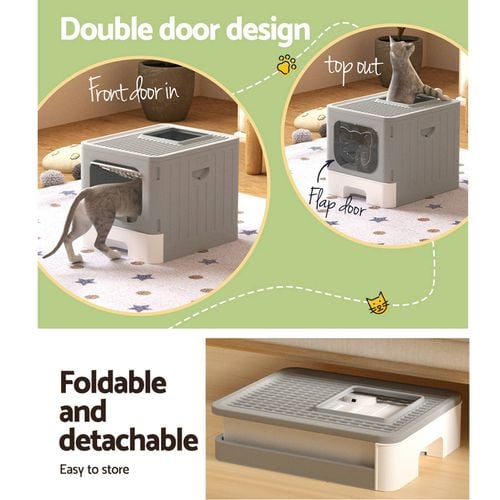 i.Pet Cat Litter Box Large Tray Kitty Toilet Enclosed Hooded Foldable Scoop Grey Bunnings Australia