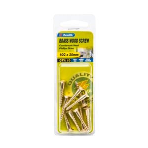 Zenith 10G x 30mm Solid Brass Countersunk Head Wood Screws - 10 Pack