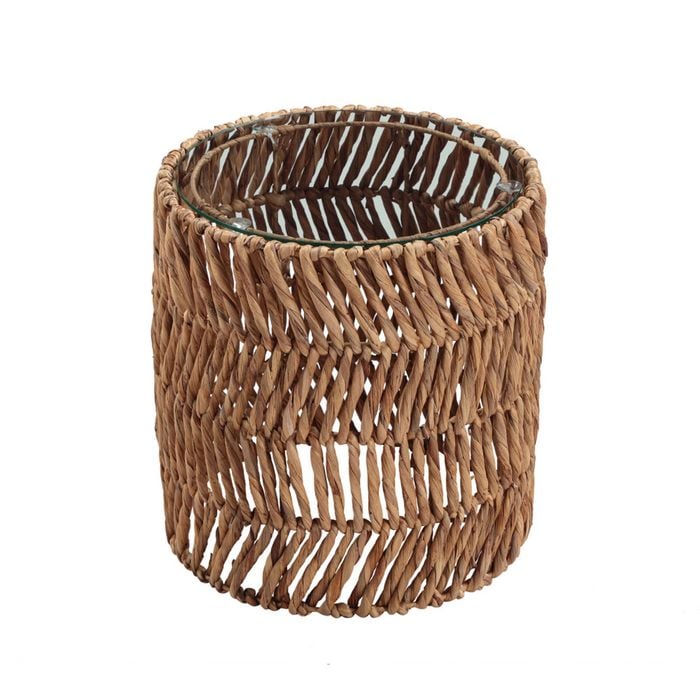 Design Square Karina Woven Round Tempered Glass Top Side End Lamp Table Natural