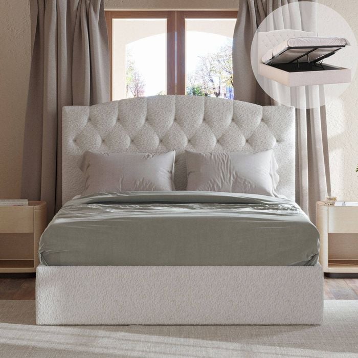 Charlotte King Ivory White Boucle Gas Lift Storage Bed Frame